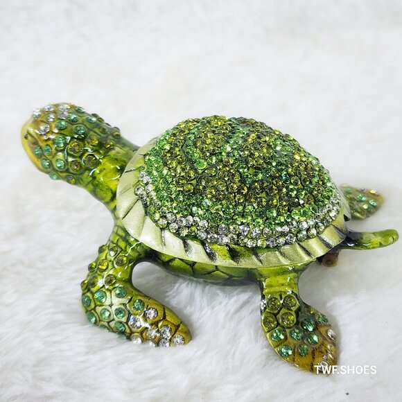 H&D Crystal Green Sea Turtle Jewelry Coin Trinket Box Magnetic - Picture 4 of 11